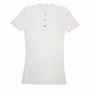 CHANEL Camellia Coco Mark Button Henley Neck Rib Knit Tops Short Sleeve Cut And